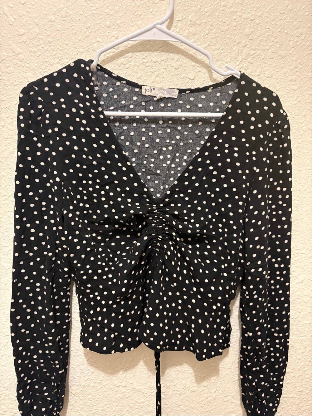 Jolt Black and White Polka Dot Ruched V-Neck Long Sleeve Top
